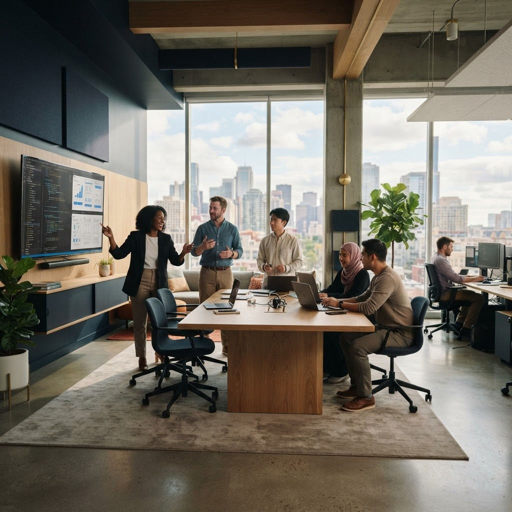 A modern technology office with people collaborating on innovative ideas